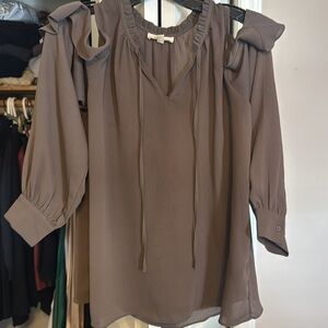E:SOME Cold Shoulder ruffle brown v-neck long sleeve blouse with ties